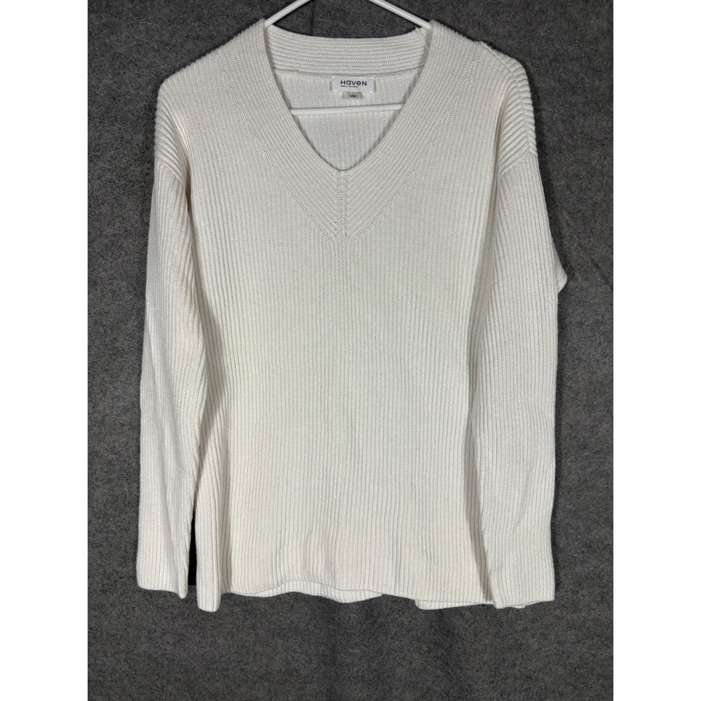 Haven Well Within Womens Cream‎ Ribbed V-Neck Cotton Cashmere Sweater Large